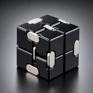 Puede incluir: Un cubo infinito negro, juguete antiestrés compuesto por ocho cubos pequeños conectados. Cada cara presenta superficies negras mate lisas con placas rectangulares plateadas de bordes redondeados en las uniones para permitir el plegado.