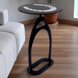 Black Horse Shoe & Stirrup Coffee Table 29cm Diameter x 46cm Height | Equestrian Home Decor