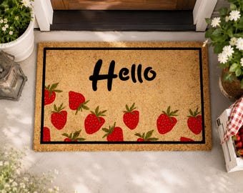 Hello Strawberry Welcome Mat, Cute Doormat, Hello Doormat, Welcome Mat, Farmhouse Decor, Fruit Decor, Front Door Mat, Front Porch Decor
