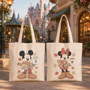 Disney Mickey Minnie Fall Tote Bag, Mickey Minnie Autumn Theme Park Bag, Pumpkin Coffee Zippered Tote, Matching Gift Bag