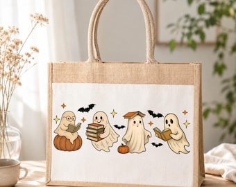 Halloween Ghost Jute Tote Bag, Cute Bookish Ghost Bag, Spooky Fall Reusable Tote, Ghost Lover Gift Bag