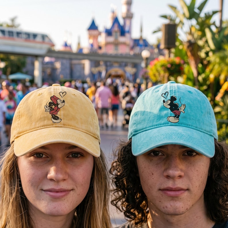 K&ouml;nnte beinhalten: Eine gelbe Baseballkappe mit einer Minnie-Maus-Stickerei und eine hellblaue Baseballkappe mit einer Micky-Maus-Stickerei. Beide Kappen haben ein kleines Herz-Symbol &uuml;ber der Figur und einen gebogenen Schirm mit einer strukturierten Krone.