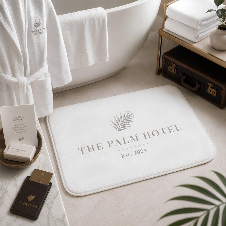 Puede incluir: Una alfombrilla de ba&ntilde;o rectangular blanca con un gr&aacute;fico de hoja de palma gris centrado sobre el texto THE PALM HOTEL y Est. 2024. La alfombrilla tiene esquinas redondeadas y una textura suave y afelpada para el suelo del ba&ntilde;o.