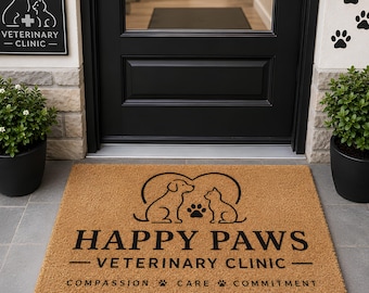 Custom Pet Grooming Logo Doormat, Veterinary Clinic Coir Mat, Personalized Dog Cat Welcome Mat, Pet Salon Business Door Mat