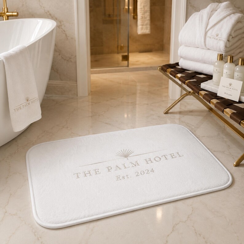 Puede incluir: Una alfombrilla de ba&ntilde;o rectangular blanca con el texto THE PALM HOTEL y Est. 2024 en color gris claro, centrado bajo un peque&ntilde;o gr&aacute;fico de hoja de palma. La alfombrilla tiene esquinas redondeadas y una textura suave para el ba&ntilde;o.