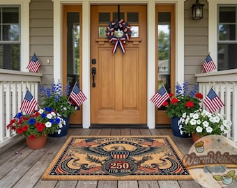 Felpudo de 250 años de libertad, felpudo de bienvenida del aniversario de EE. UU., felpudo con águila patriótica 1776–2026, decoración para el porche delantero del 4 de julio.