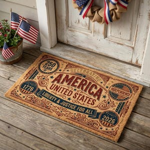 Vintage America 250 Doormat, Patriotic Farmhouse Entry Rug, USA 1776 Anniversary Mat, Rustic American Flag Porch Mat, Custom Door Mat Decor