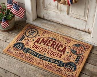 Felpudo Vintage America 250, Alfombra de entrada patriótica estilo granja, Felpudo del aniversario de EE. UU. 1776, Felpudo rústico con la bandera estadounidense para el porche, Felpudo decorativo personalizado