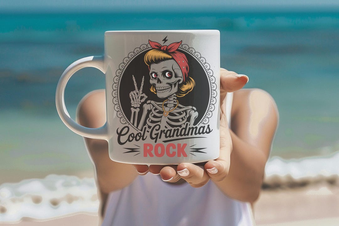 Retired Rocker Mug Cool Grandmas Rock Mug, Vintage Skeleton Grandma Coffee Cup, Retro ...