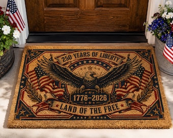 Tapete de porta EUA 250, Tapete de porta patriótico com águia de 1776 a 2026, Tapete de fibra de coco "Terra da Liberdade", Presente de decoração de varanda para o Quatro de Julho
