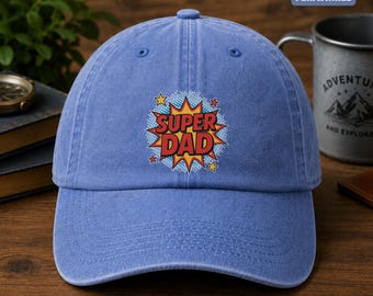 Super Dad Hat, Funny Fathers Day Gift, Vintage Pigment Dyed Dad Cap, Comic Style Daddy Hat, Trendy Baseball Cap