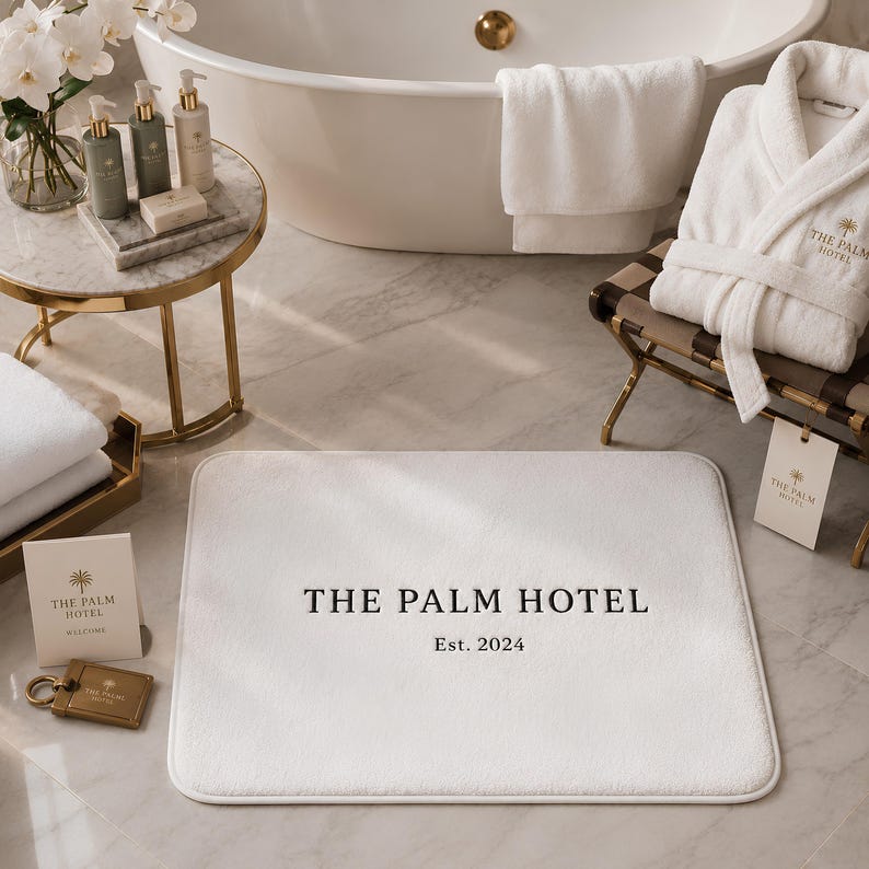 Puede incluir: Una alfombrilla de ba&ntilde;o rectangular de color blanco con el texto bordado en negro THE PALM HOTEL y Est. 2024 centrado en la superficie. La alfombrilla tiene esquinas redondeadas y una textura suave, colocada sobre un suelo de m&aacute;rmol claro.