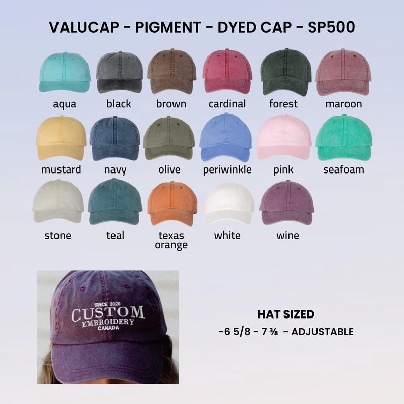 K&ouml;nnte beinhalten: Eine Kollektion von pigmentgef&auml;rbten Valucap SP500-Kappen in siebzehn Farben, darunter Aqua, Schwarz, Braun, Kardinal, Waldgr&uuml;n, Kastanienbraun, Senf, Marineblau, Oliv, Immergr&uuml;n, Pink, Meerschaum, Stein, Blaugr&uuml;n, Texas-Orange, Wei&szlig; und Wein, Gr&ouml;&szlig;e 6 5/8 - 7 3/8.