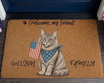 Personalized Cat Doormat USA, Custom Family Name Welcome Mat, American Flag Cat Door Mat, Patriotic Pet Doormat, 4th of July Decor