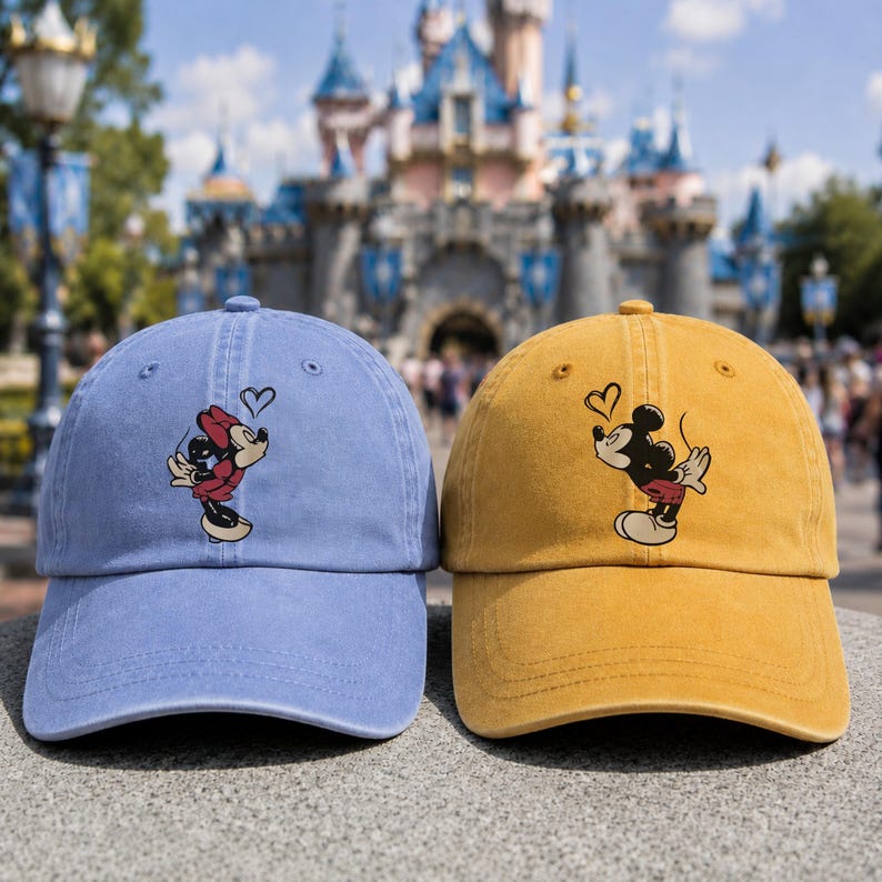 K&ouml;nnte beinhalten: Eine blaue Baseballkappe mit einer Grafik von Minnie Maus, die ein Herz bl&auml;st, und eine gelbe Baseballkappe mit einer Grafik von Mickey Maus, die ein Herz bl&auml;st. Beide Kappen haben eine strukturierte Krone, einen gebogenen Schirm und ein mattes Finish.