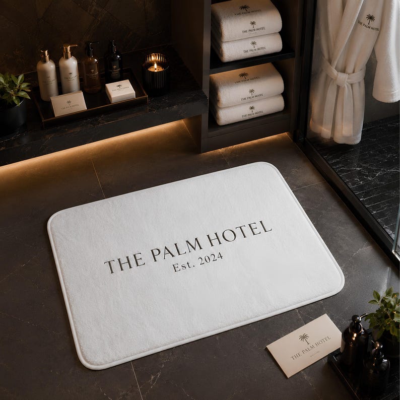 Alfombrilla de baño personalizada para hotel, alfombra de baño con logotipo personalizado, decoración para hoteles boutique, regalo para anfitriones de Airbnb, alfombrilla para habitaciones de huéspedes de spas y resorts. imagen 3