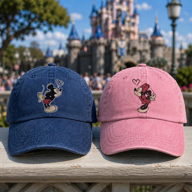 K&ouml;nnte beinhalten: Eine dunkelblaue Baseballkappe mit einem gestickten Mickey-Maus-Motiv, das ein Herz bl&auml;st, und eine rosafarbene Baseballkappe mit einem gestickten Minnie-Maus-Motiv, das ein Herz bl&auml;st. Beide Kappen haben einen gebogenen Schirm und &Ouml;sen.