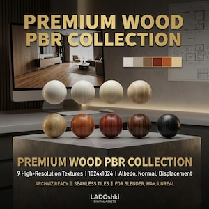 Op de afbeelding: Een afbeelding met een "PREMIUM WOOD PBR COLLECTION". Er zijn negen houten bollen in verschillende tinten bruin, beige en zwart te zien. De tekst op de afbeelding bevat "9 High-Resolution Textures | 1024x1024".