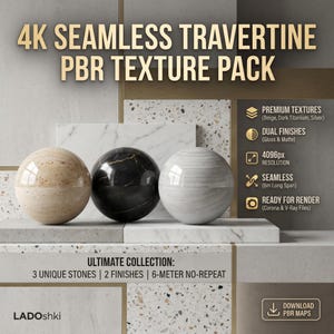 Puede incluir: Imagen promocional de un paquete de texturas PBR 4K Seamless Travertine. La imagen presenta tres muestras esféricas de piedra en beige, negro y blanco, con el texto "4K SEAMLESS TRAVERTINE PBR TEXTURE PACK".