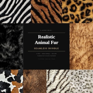 Puede incluir: Una colección digital de nueve texturas realistas de piel animal que incluye rayas de cebra, rayas de tigre, manchas de leopardo, piel negra, piel bronceada, estampado de vaca, piel marrón, rayas de tigre blanco y manchas de leopardo de las nieves con el texto Realistic Animal Fur.
