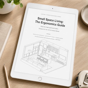 Könnte beinhalten: Ein weißes Tablet zeigt "Small Space Living: The Ergonomics Guide" mit einer Innenraumskizze. Ein Maßband, ein Bleistift und eine Pflanze liegen auf einer Holzoberfläche.