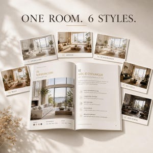 Könnte beinhalten: Ein offenes Magazin zeigt Innenraumdesign-Konzepte, umgeben von sechs Stil-Karten. Der Text "ONE ROOM. 6 STYLES." steht oben. Das Magazin zeigt "MINIMALISM" und "GEN_ID TECHNIQUE" mit Bildern von Raumgestaltungen.