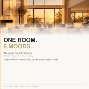 May include: A digital guide titled "ONE ROOM. 8 MOODS." with a modern interior design scene. The guide, by Alina Lado, explores AI lighting for interiors, featuring various lighting moods like Daylight, Golden Hour, and Evening. The image has a warm, inviting aesthetic.