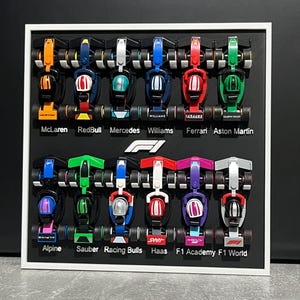 Può includere: Un'esposizione incorniciata con auto da corsa di Formula 1 in miniatura. Le auto sono di vari colori, che rappresentano squadre come McLaren, Red Bull e Ferrari. I nomi delle squadre sono stampati sotto. La cornice è bianca e lo sfondo è nero.