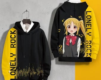 Anime Character Print Hoodie: Black Yellow Lonely Rock Graphic Sweatshirt