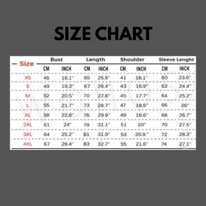 May include: A size chart table with the heading SIZE CHART, listing measurements for sizes XS through 4XL. Columns include Bust, Length, Shoulder, and Sleeve Lenght, with values provided in both centimeters and inches for each garment category.