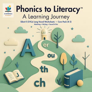 May include: A colorful illustration promoting literacy. The image features the text "Phonics to Literacy" and "A Learning Journey." It includes a path with letters, a book, trees, and clouds. The design is in shades of green, blue, and yellow, with the text "Silent E (CVCe) Long Vowel Worksheets - Core Pack (K-2)".