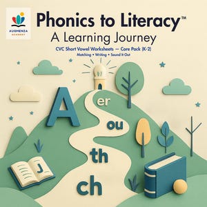 Op de afbeelding: Papierkunst illustratie voor "Phonics to Literacy" met een groen landschap met de letters "A", "er", "ou", "th" en "ch". Een boek en een gloeilamp zijn ook aanwezig. De tekst "A Learning Journey" wordt weergegeven.