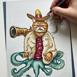 May include: A whimsical illustration of a cat dressed in a sombrero, fur coat, and a red shirt, holding a glass of wine. The cat is perched atop a teal octopus, with a telescope resting on its shoulder. The artwork is in progress.
