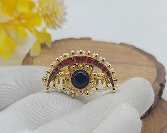 Anillo Chandbali Minakari hecho a mano, anillo pequeño de elefante chapado en oro, Pachi Kundan rojo y azul