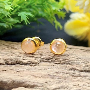 Peut inclure: Boucles d'oreilles à clous dorées avec une pierre ronde de couleur pêche sertie dans un sertissage doré. Les boucles d'oreilles sont présentées sur un morceau de bois, avec un feuillage vert et des fleurs jaunes en arrière-plan.