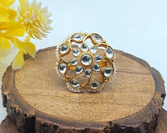 Anillo llamativo Pachi Kundan chapado en oro, joyería tradicional nueva, joyería india hecha a mano, anillo Minakari chapado en oro de 22k, anillo ajustable.