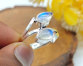 Anillo ajustable de plata de ley 925 con piedra lunar arcoíris, joyería delicada, anillo de compromiso hecho a mano para niñas. Anillos apilables para fiestas.