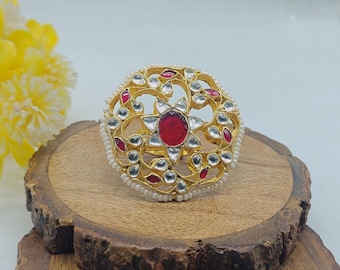 Anillo Pachi Kundan chapado en oro, anillo artesanal con piedra preciosa rosa, anillo de compromiso étnico, joyería nupcial ajustable, regalo personalizado para esposa.