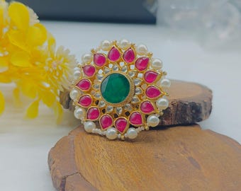 Anillo chapado en oro con múltiples flores, anillo Minakari hecho a mano, joyería étnica Pachi Kundan india, joyería inspirada en Bollywood, anillo llamativo estilo boho.