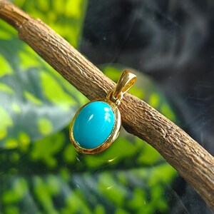 Puede incluir: Un colgante de oro con una piedra ovalada de color turquesa brillante. La piedra está engastada en un bisel de oro y cuelga de una argolla de oro. El colgante se muestra sobre una ramita marrón, sobre un fondo verde y negro borroso.