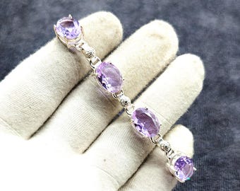 Pulsera de amatista rosa, pulsera llamativa de plata de ley 925, pulsera curativa hecha a mano, joyería étnica bohemia, regalo de aniversario.