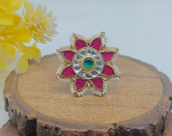 Anillo chapado en oro con múltiples flores, anillo Minakari hecho a mano, joyería étnica Pachi Kundan india, joyería inspirada en Bollywood, anillo llamativo estilo boho.