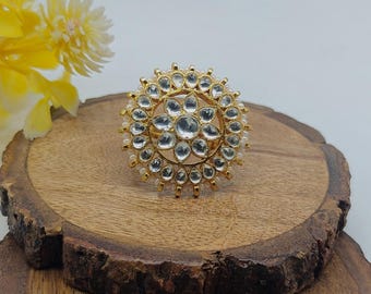 Anillo Pachi Kundan chapado en oro, anillo floral Minakari hecho a mano, joyería nupcial étnica, anillo étnico ajustable para mujer.