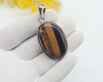Colgante ojo de tigre de plata de ley 925, colgante hecho a mano, colgante antiguo, joyería minimalista, joyería con piedras preciosas, joyería para regalar