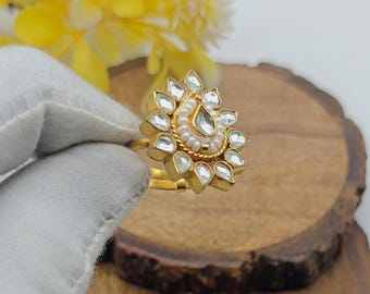 Anillo Pachi Kundan chapado en oro, anillo Minakari hecho a mano, anillo de compromiso étnico, joyería nupcial ajustable, regalo personalizado para esposa.