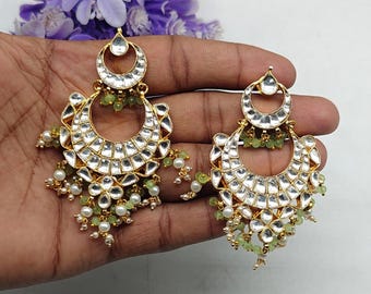 Elegant White Kundan Chandbali, Gold Plated Indian Earrings, Traditional Pearl Dangle Jhumka, Wedding Guest Jewelry, Ethnic Wear, Gift.