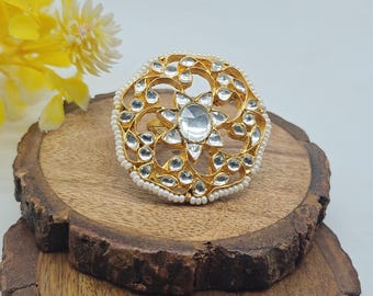 Anillo Pachi Kundan chapado en oro, anillo Minakari hecho a mano, anillo de compromiso étnico, joyería nupcial ajustable, regalo personalizado para esposa.