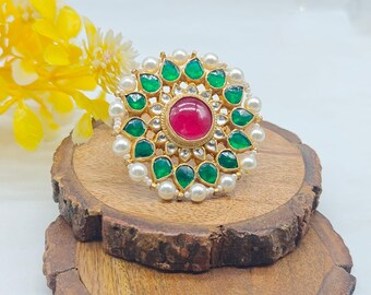 Anillo chapado en oro con múltiples flores, anillo Minakari hecho a mano, joyería étnica Pachi Kundan india, joyería inspirada en Bollywood, anillo llamativo estilo boho.