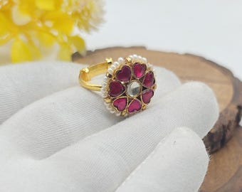 Anillo Pachi Kundan chapado en oro, anillo artesanal con piedra preciosa rosa, anillo de compromiso étnico, joyería nupcial ajustable, regalo personalizado para esposa.