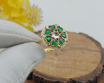 Anillo Pachi Kundan chapado en oro, anillo artesanal con piedra preciosa verde, anillo de compromiso étnico, joyería nupcial ajustable, regalo personalizado para esposa.